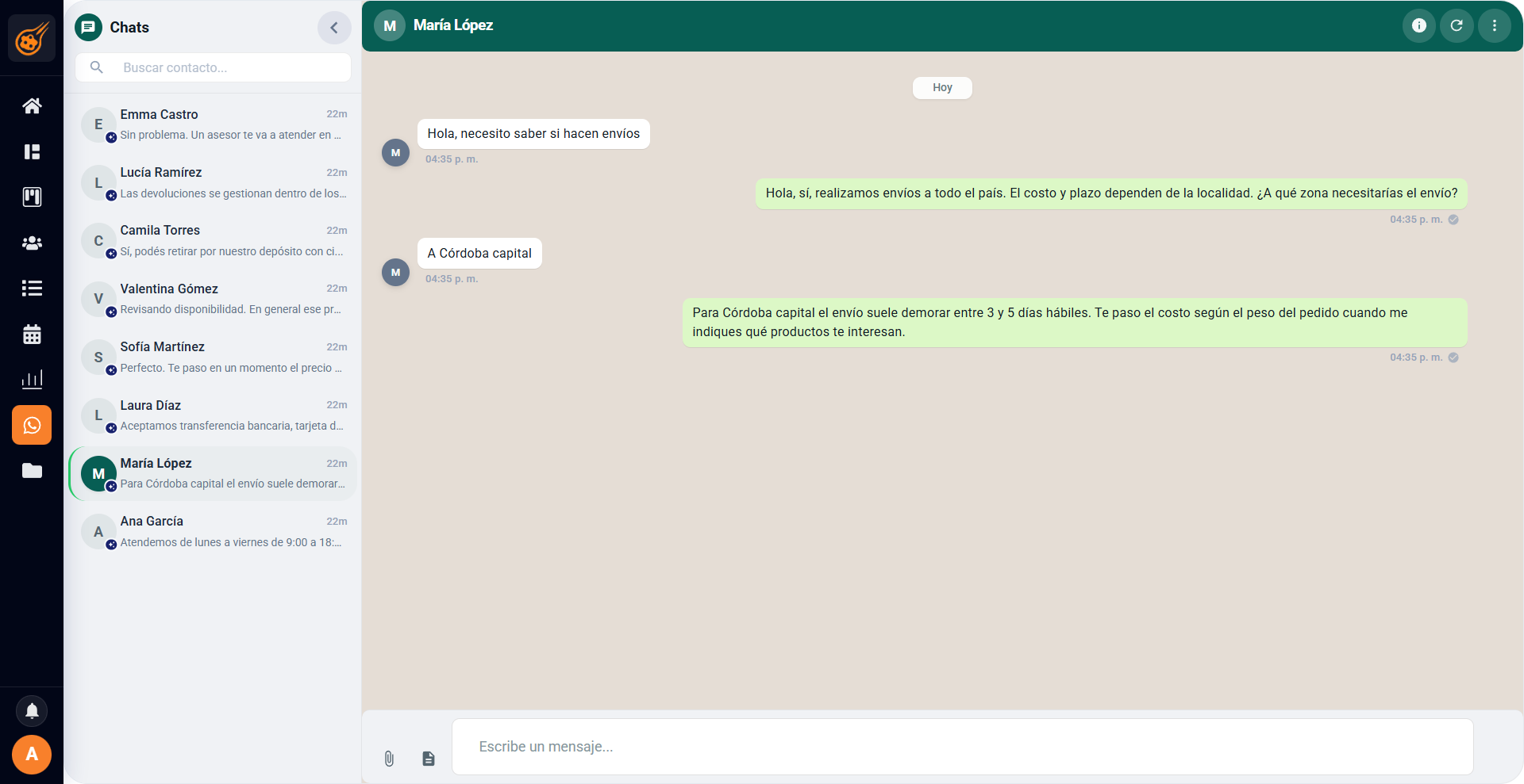CRM de Meteoryd: chats de WhatsApp con agente IA