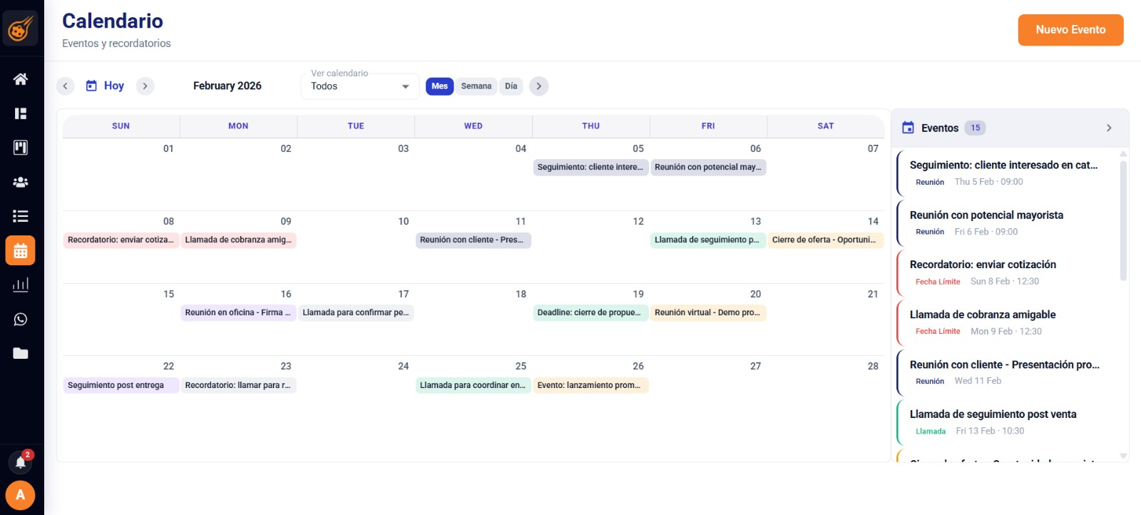 CRM de Meteoryd: calendario y seguimiento