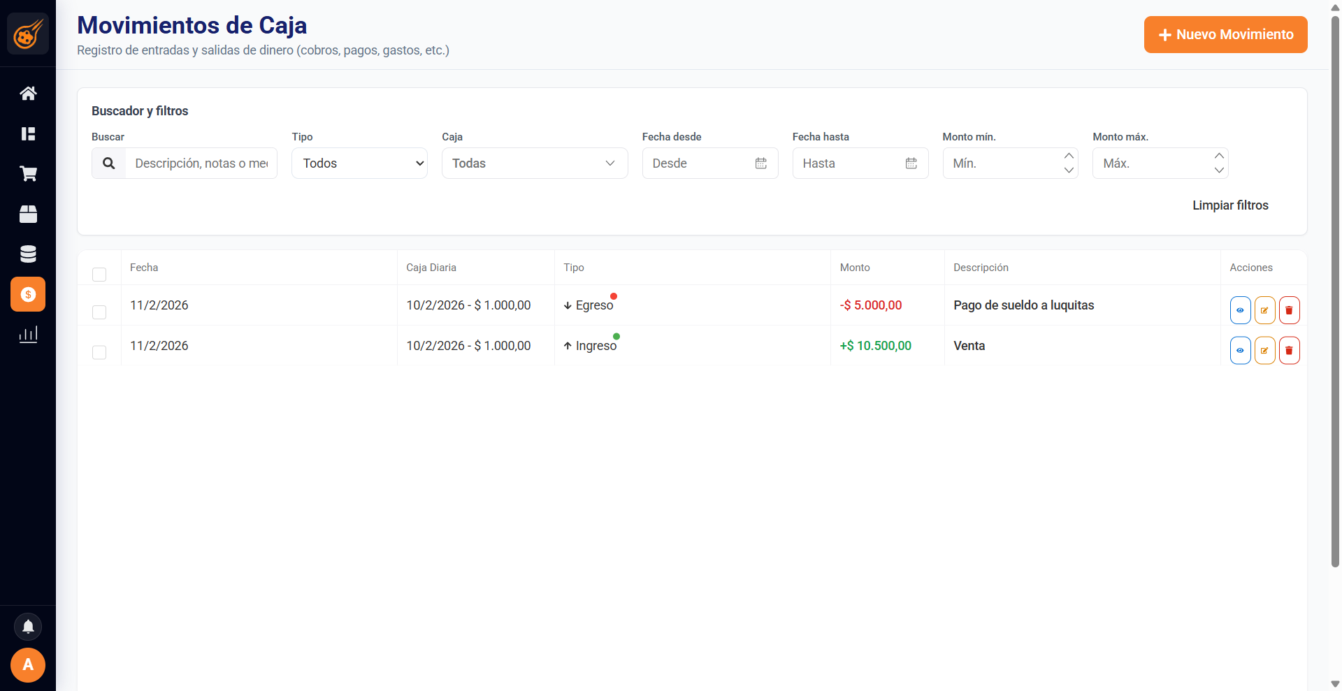 ERP de Meteoryd: Movimientos de caja